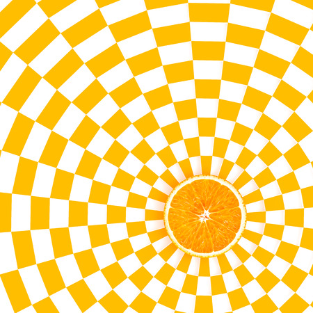 Orange slices on orange and white pattern color background and copy space, pop art color concept ,top view.の写真素材