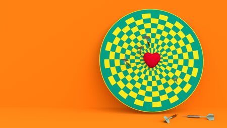 Darts hitting in the target heart 3d render,love concept and pop art color.の写真素材