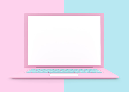 Laptop pink color with blank screen isolated and clipping path on pink and blue background. concept pastel color, 3d render.の写真素材
