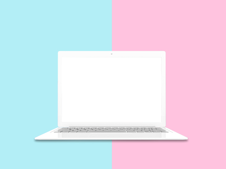 Laptop white color with blank screen isolated mock up and clipping path on pastel color pink and blue background. 3d render.の写真素材