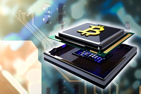 Concept Of Bitcoin gold B on cpu computer chip ,3D render.