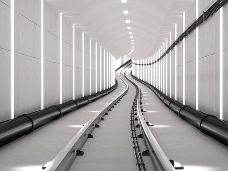 Subway tunnel with light track Selective focus and arriving concept, 3d render.