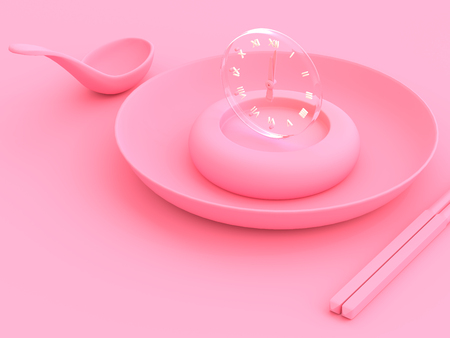 clock in bowl with spoon and chopsticks pink color. minimal concept,3D renderの写真素材