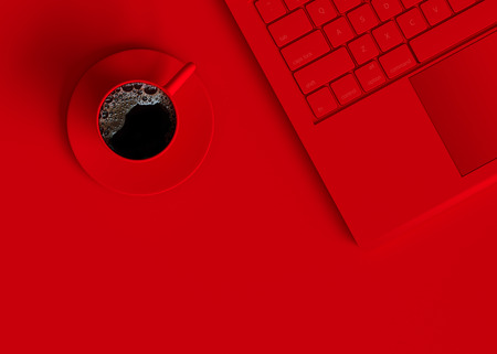 Black coffee red cup beside laptop for business and minimal concept.3d render.の写真素材