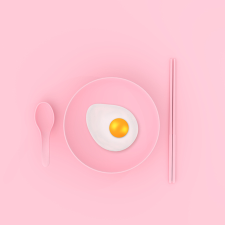 Fried egg on plate with spoon and chopsticks pink color. minimal concept,3D renderの写真素材