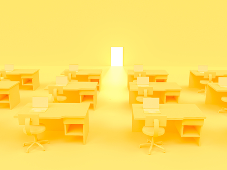 Laptop on table whit chair and door yellow pastel color with copy space for your text. Minimal and business concept 3d render.の写真素材