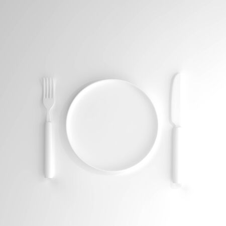 Fork with knife and plate white color mock-up for your text on white background, minimal concept ,3d render.の写真素材