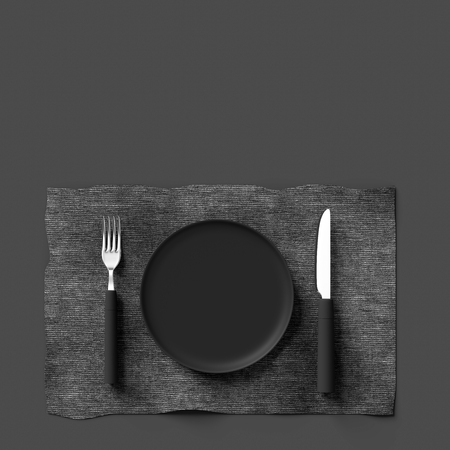 Fork with knife and plate gray color  and copy space for your text on fabric
 background, 3d render.の写真素材