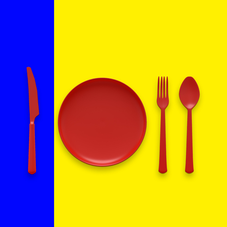 Spoon with fork with knife and plate red color with clipping path and copy space for your text on yellow and blue background, 3d render.の写真素材