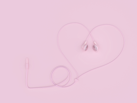 earphones pink color wire heart shape on pastel pink background, minimal concept. 3d render.の写真素材