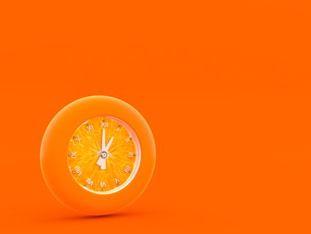 Orange alarm clock on orange background, minimal concept 3d render.の写真素材