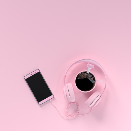 Mix object black coffee drink with headset and smartphone, pink pastel and minimal concept, 3d...