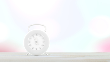 modern clock on wood table and blurred bokeh background, pastel concept 3d render.
