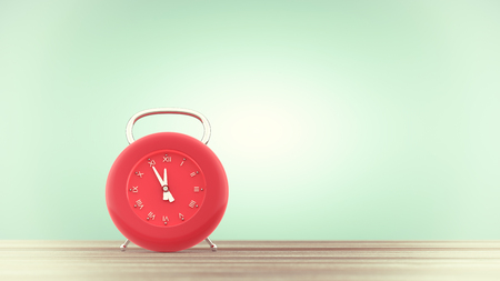 Clock red color on table, Vintage style 3d render.