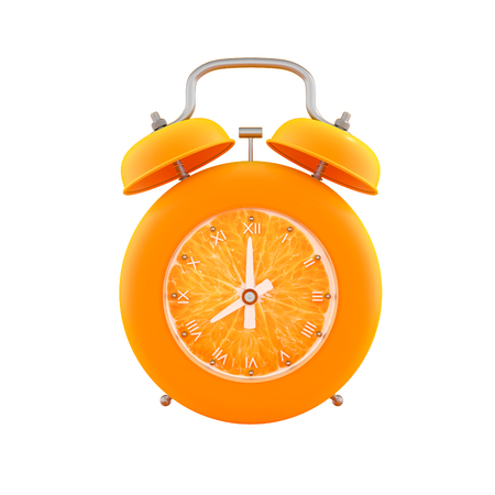 Orange alarm clock isolated with clipping path on white background, 3d render.の写真素材