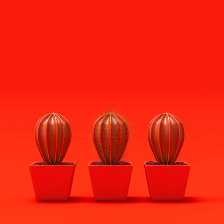 Cactus have thorn among cactus no thorn red color, difference and minimal concept 3d render.の写真素材