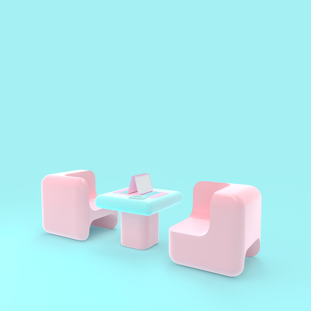 Laptop on table pink and blue pastel color, 3d render.の写真素材