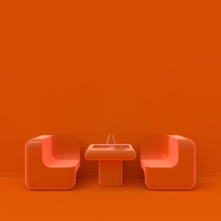 Minimal concept. Laptop on table in cafe orange color, 3d render.