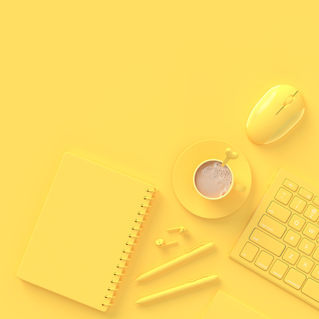 Minimal concept. Coffee milk  in yellow cup beside keyboard with notebook,pen and earphone on work desk yellow pastel color, 3d render.の写真素材