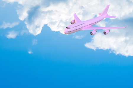Airplane flying mock-up pink color on blue sky and white cloud with copy space for your text , 3D render.の写真素材