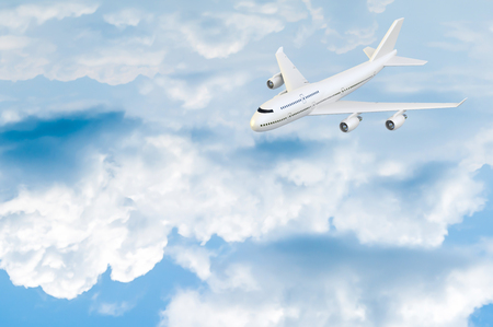 Airplane flying mock-up on blue sky and white cloud with copy space for your text , 3D render.の写真素材