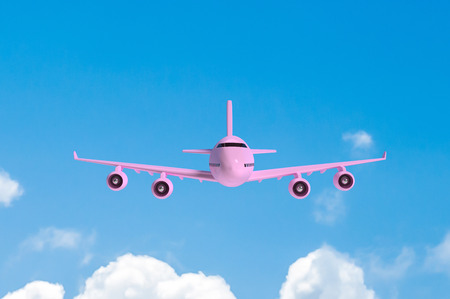 Airplane flying mock-up pink color on blue sky and white cloud with copy space for your text , 3D render.の写真素材