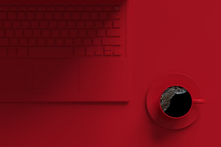 Black coffee red cup on work desk beside laptop red color and copy space for your text. business and minimal concept 3d render.の写真素材