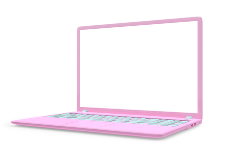 Mock up laptop pink color with blank screen isolated and clipping path on white background. concept pastel color, 3d render.の写真素材