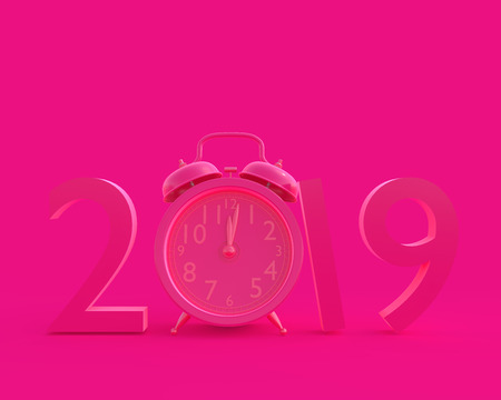 New year 2019 concept and Clock pink color. minimal style and clipping path. 3D Render.