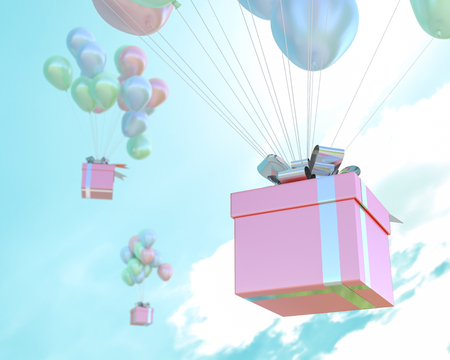 Pink gift box and balloons pastel color in sky and copy space for your text. Celebration and New Year concept, 3D Render.の写真素材
