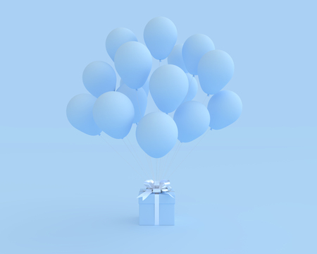Blue gift box with balloon on blue background and clipping path. minimal style and clipping path. 3D Render.の写真素材