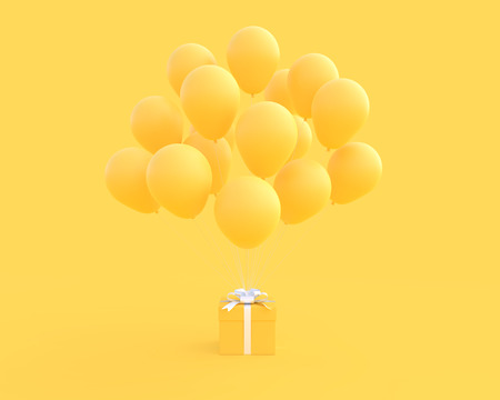 Yellow gift box and balloon on yellow background and clipping path. minimal and new year concept, 3D Render.の写真素材