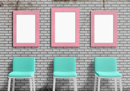 Empty photo frame mock-up on chair and front of old brick wall. 3d render.の写真素材