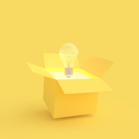 The light bulb drifted out of the gift box yellow color with clipping path. New idea and innovation concept and minimal style, 3D Render.の写真素材