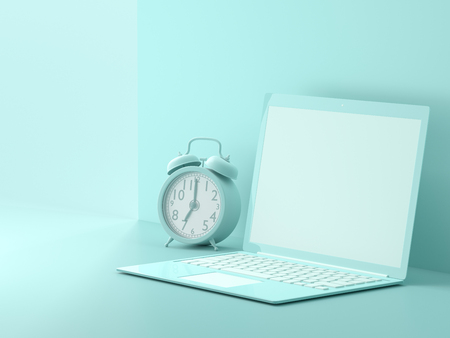 Minimal idea concept, Laptop  mock-up on Work desk and clock blue color on blue background. 3d...