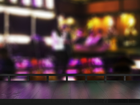 Wooden table on blurred club background. Space for placing products, 3d render.の写真素材