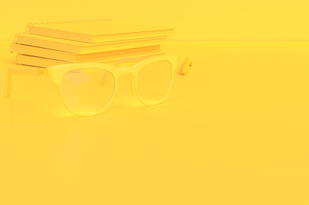 Minimal idea concept. Glasses on the desk with copy space for your text, 3D Render.の写真素材