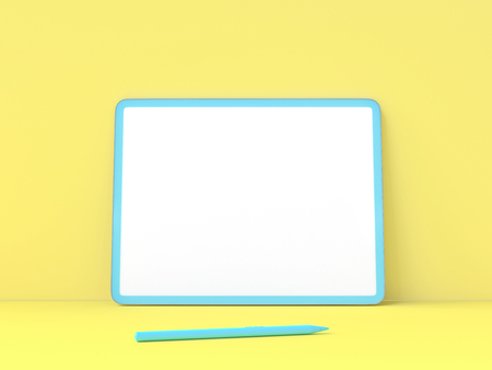 Pastel idea concept. tablet mock-up and pen blue color on yellow background, 3D render.の写真素材