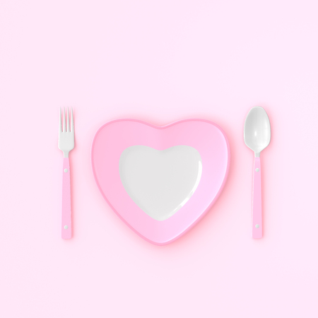 plate heart shape with spoon and fork pink color. love idea concept, 3D render.の写真素材
