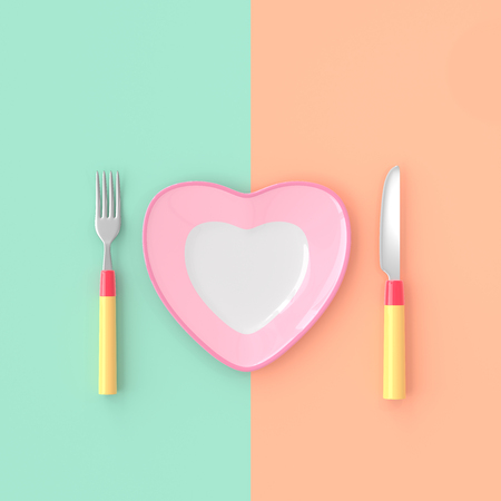 plate heart shape with knife and fork pastel color. love idea concept, 3D render.の写真素材