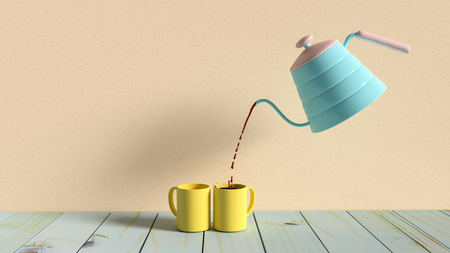 Black coffee in yellow cup. Working and Break time idea concept and pastel style, 3d render.