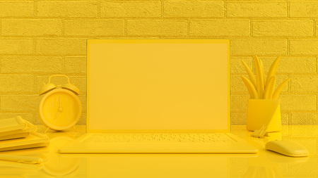 Minimal idea concept. laptop mock-up yellow background on Work desk with mouse notebook clock and tree yellow color. 3d render.の写真素材