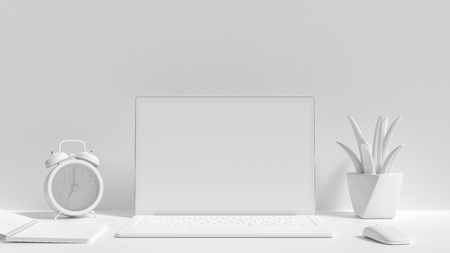 Minimal idea concept, Laptop background on Work desk white color and mock-up for your text with notebook mouse tree and clock. 3d render.の写真素材