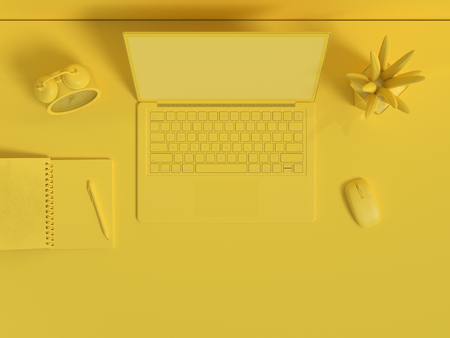 Minimal idea concept. Top view laptop mock-up background on Work desk with mouse, clock, notebook and tree yellow color. 3d render.の写真素材