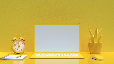 Minimal idea concept, Laptop background on Work desk yellow color and mock-up for your text with notebook, mouse,tree and clock. 3d render.の写真素材