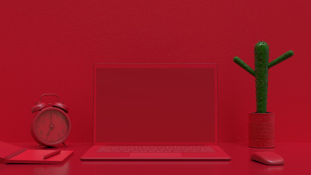 Minimal idea concept, Laptop background on Work desk red color and mock-up for your text with notebook, mouse, green cactus and clock. 3d render.の写真素材