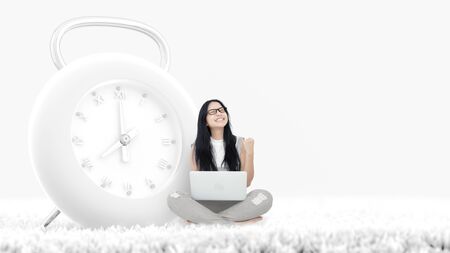 Young Woman and modern clock surprised by good unbelievable news, Feeling successful time and feeling happy. minimal idea concept, 3d render.の写真素材