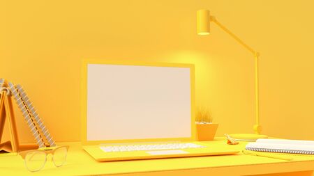 Yellow laptop mock-up on Work desk with yellow background. minimal idea concept, 3d render.の写真素材