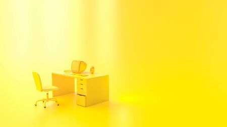 Yellow laptop mock-up on Work desk with yellow background. minimal idea concept, 3d render.の写真素材
