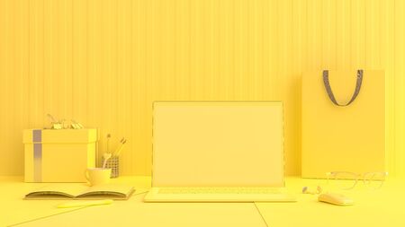 Minimal idea concept, Laptop on Work desk table yellow color with notebook, cup coffee, mouse, sunglasses and gift box. Mock-up for your text, 3d render.の写真素材